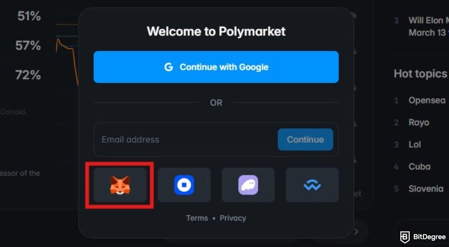 Polymarket review: the sign up popup window on Polymarket with the MetaMask option highlighted.
