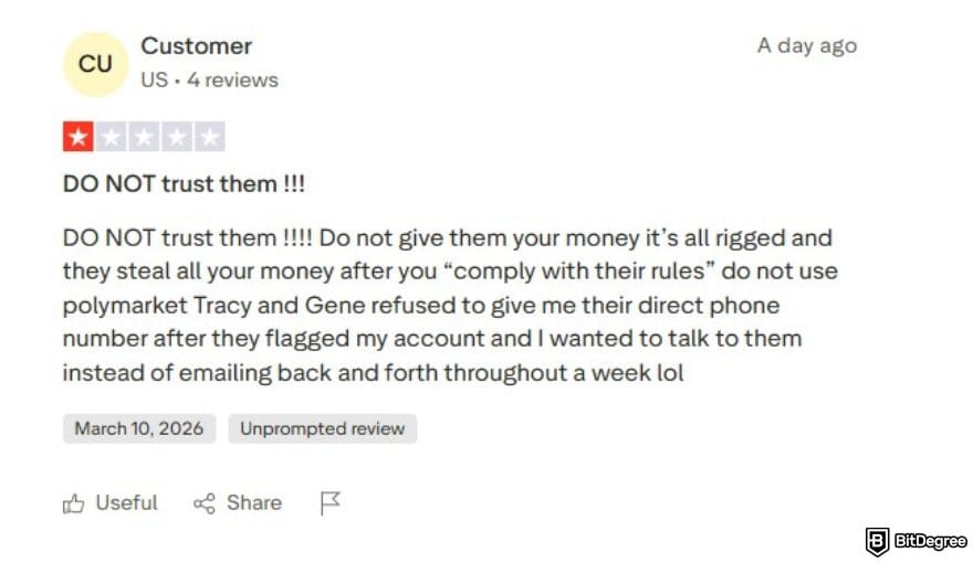 Polymarket review: a negative review for Polymarket on Trustpilot.