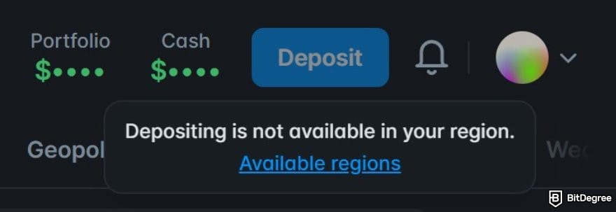 Polymarket review: a message on Polymarket saying that depositing is not available.