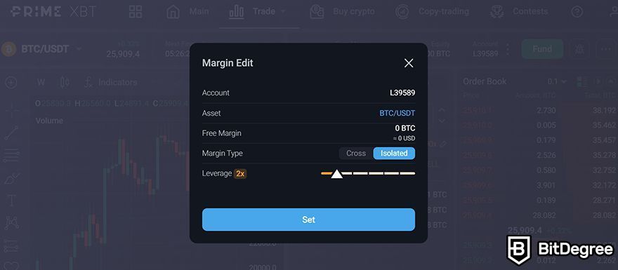 PrimeXBT futures review: margin and leverage edit screen.