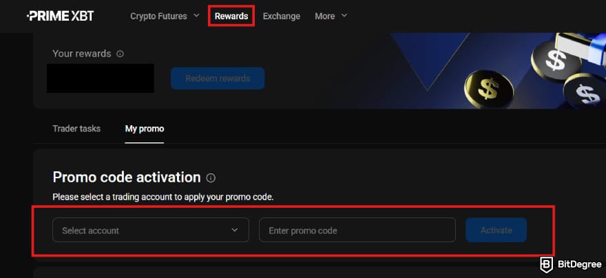 PrimeXBT reward: the Rewards page with the field to enter promo code.