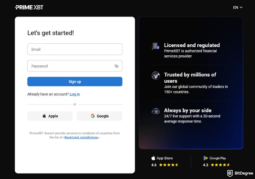 PrimeXBT promo code: the sign-up page.