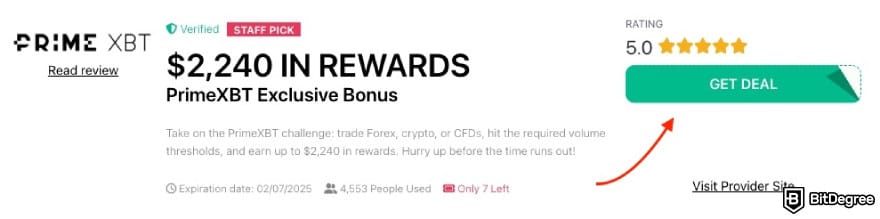 PrimeXBT promo code: a red arrow pointing to the [GET DEAL] button on BitDegree's page.