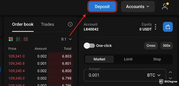 PrimeXBT review: the [Deposit] button.