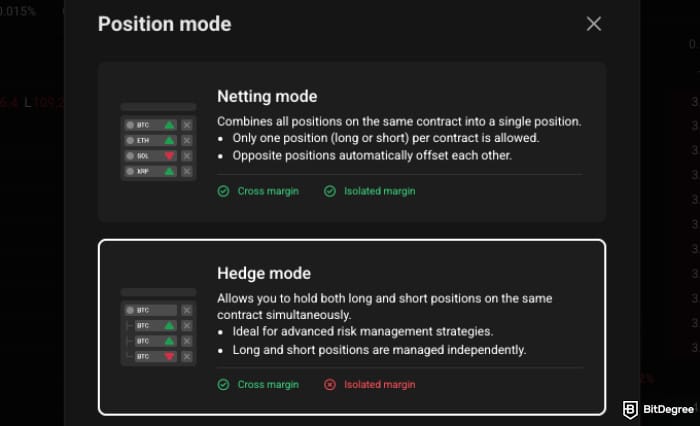 PrimeXBT review: position modes - netting and hedge.