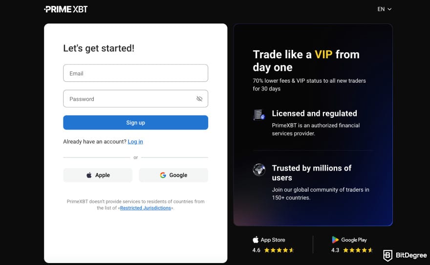 PrimeXBT review: the registration page.