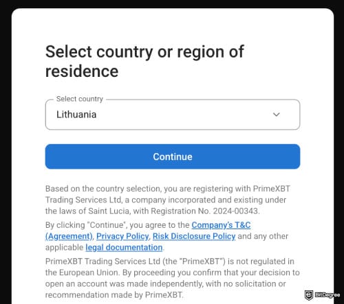 PrimeXBT review: a place where you have to choose your country of residence.