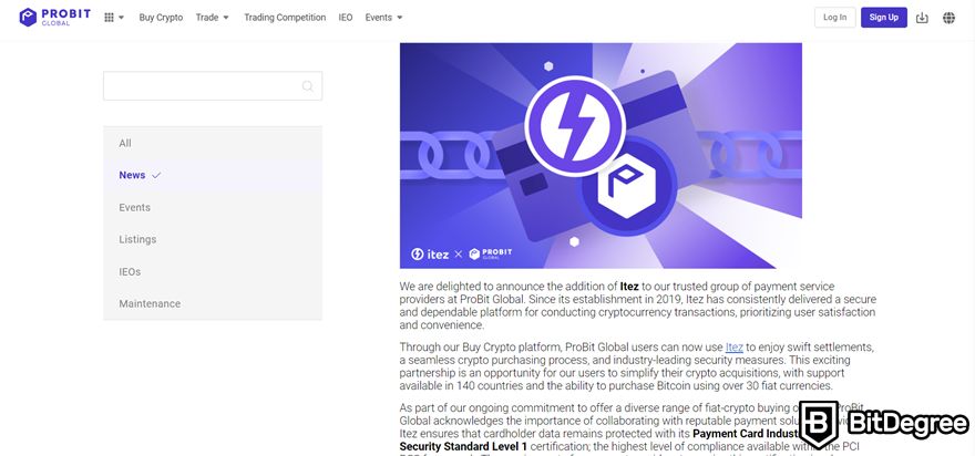 ProBit review: an announcement on the help center about ProBit's partnership with Itez.