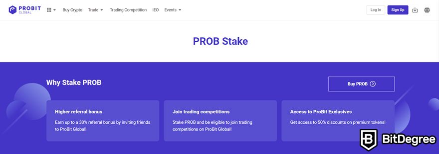 ProBit review: PROB staking benefits displayed on the website.