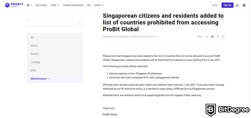 ProBit review: an announcement on the help center about restricted access to Singaporean citizens.