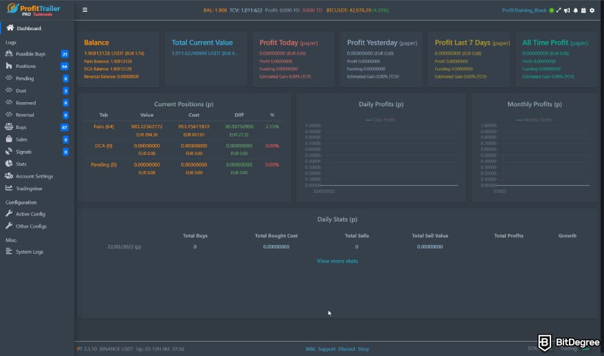 Profit Trailer review: the dashboard on ProfitTrailer showing balance, total current value, etc.