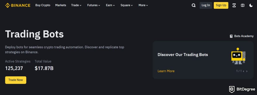 Profit Trailer review: Binance's trading bots landing page.