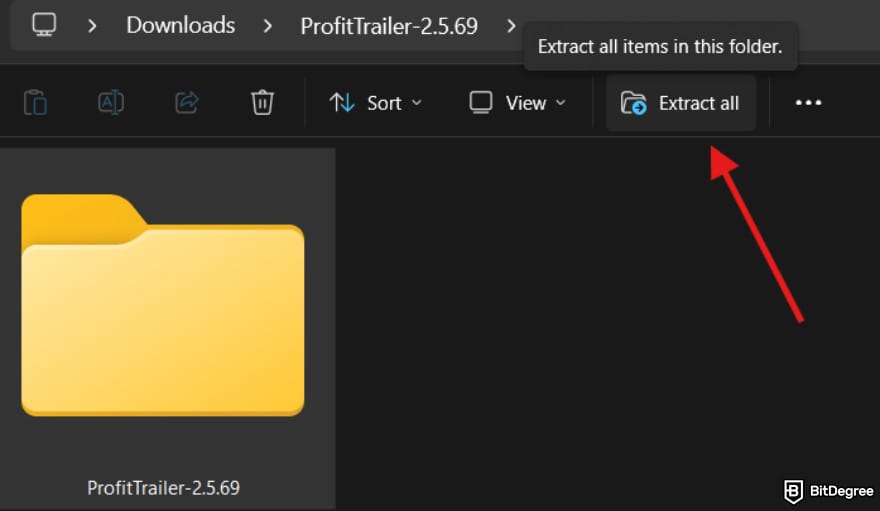 ProfitTrailer review: the [Extract All] button on Windows' folder view pop-up.