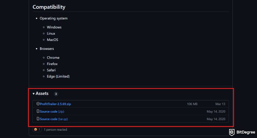 ProfitTrailer review: the assets section in GitHub repository, where the installation files are.