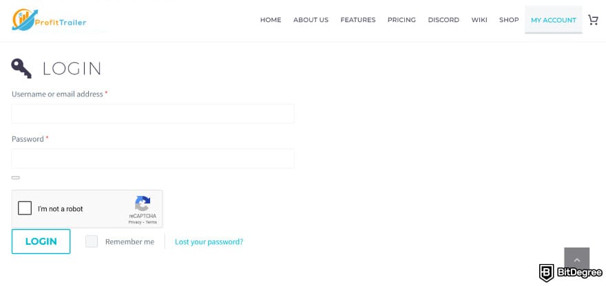 Profit Trailer review: the login screen under [My Account].