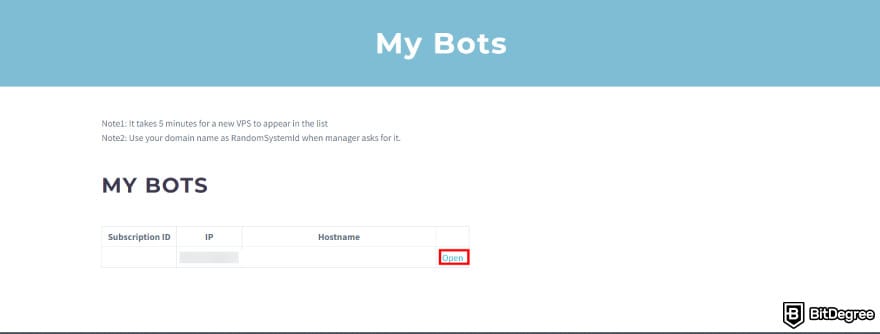 Profit Trailer review: the [Open] button in the VPS details under My Bots.