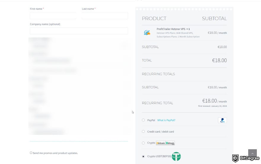 Profit Trailer review: the check-out page with the payment details.