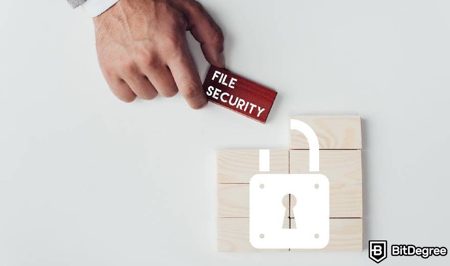 Public VS Private Blockchain: a man holding brick with 'file security' lettering.