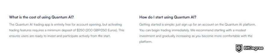 Quantum AI review: cost for using the trading app.
