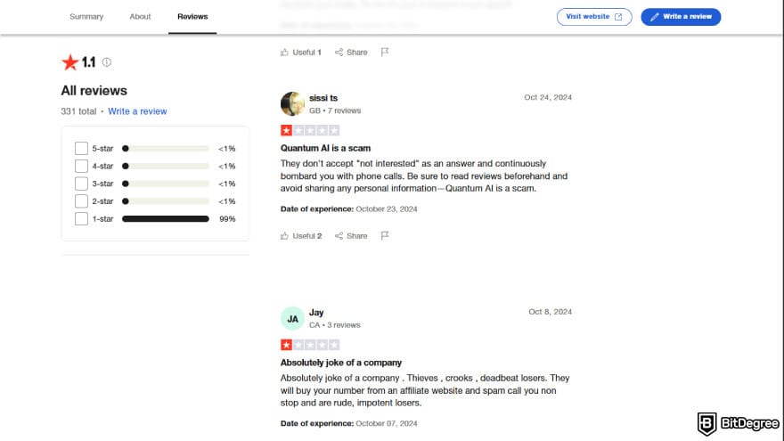 Quantum AI review: comments from Trustpilot.