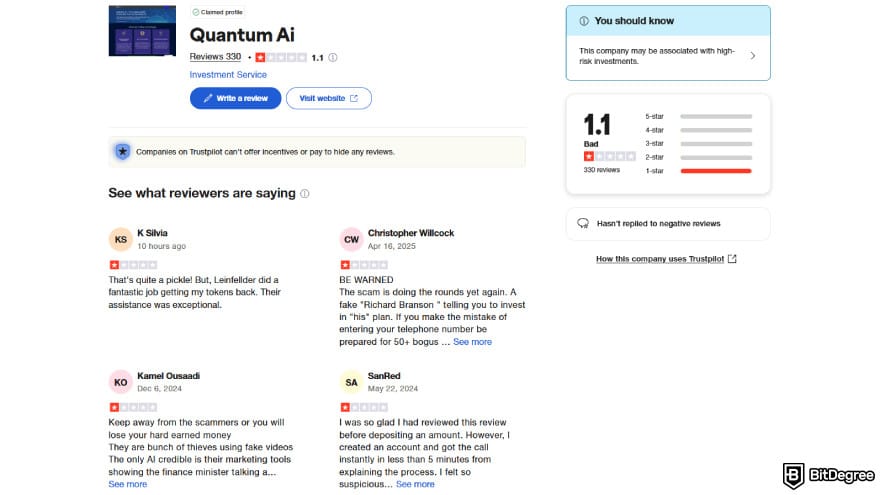 Quantum AI review: Trustpilot reviews.