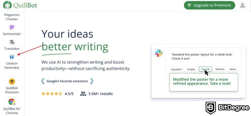 QuillBot AI review: red arrow pointing to Citation Generator tool.