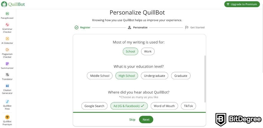 QuillBot AI review: QuillBot asking to fill out personalization quiz.