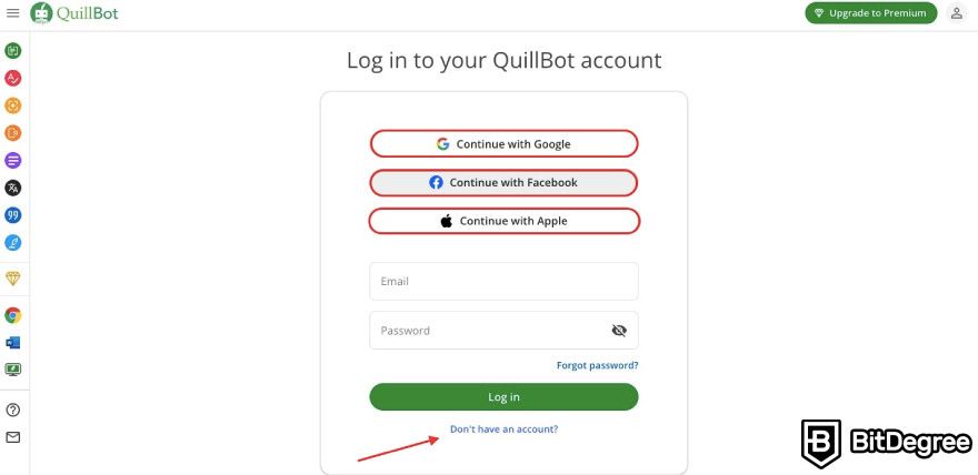 QuillBot AI review: red arrow pointing to don't have an account button.