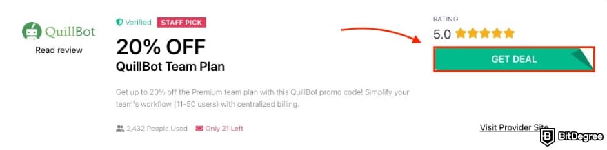 QuillBot discount code: a red arrow pointing to the GET DEAL button.