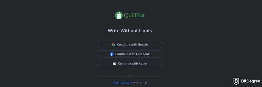 QuillBot discount code: QuillBot's sign up page.