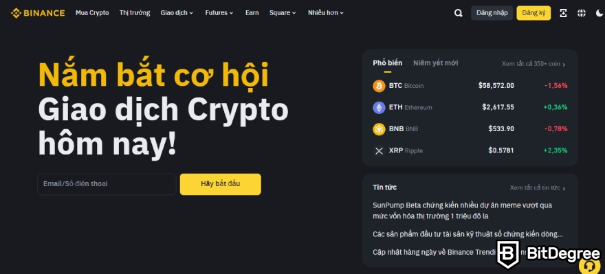 Quyền chọn Binance: Đăng ký tài khoản.