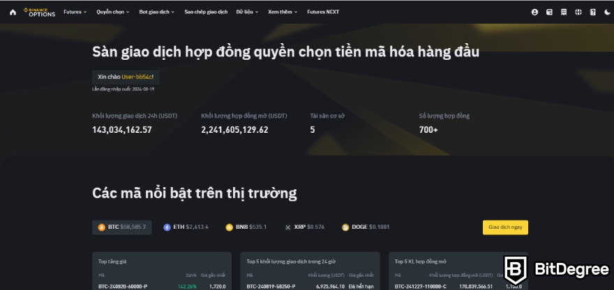 Quyền chọn Binance: Trang chủ.