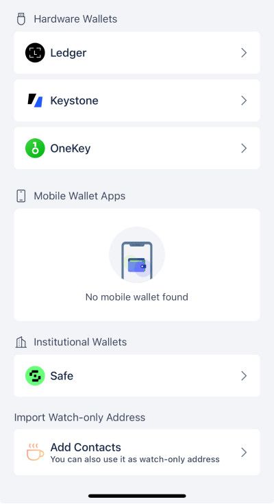 Rabby wallet review: a screenshot of Rabby wallet's hardware wallet integrations.