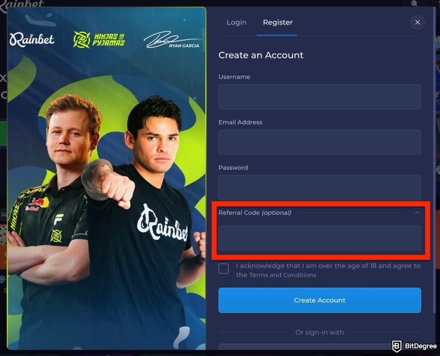 Rainbet promo code: registering on Rainbet.