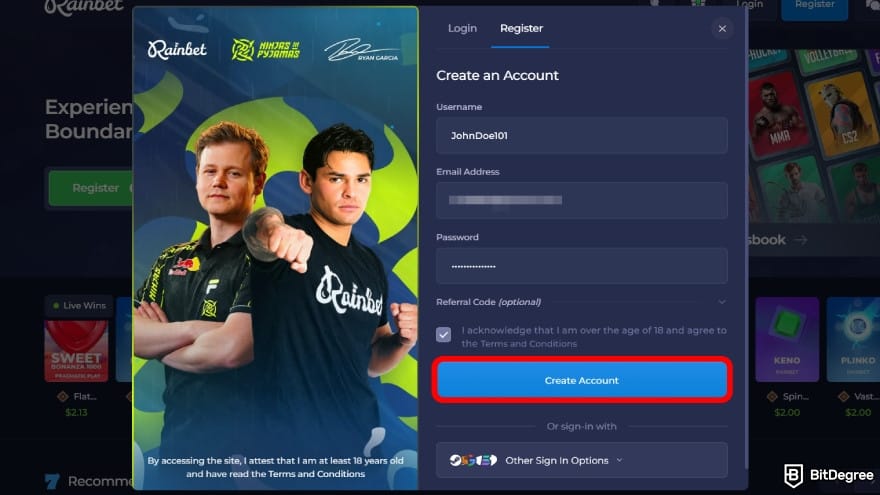 Rainbet review: enter the requested details and confirm.