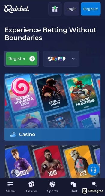 Rainbet review: the platform's interface on mobile browser.
