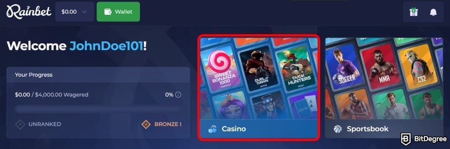 Rainbet review: explore the casino section.