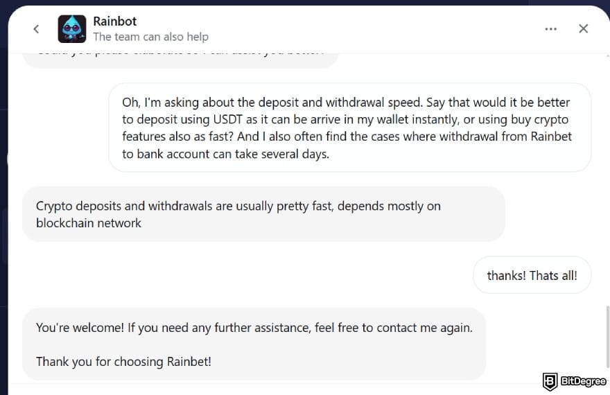 Rainbet review: my experience with the Rainbot support chat.