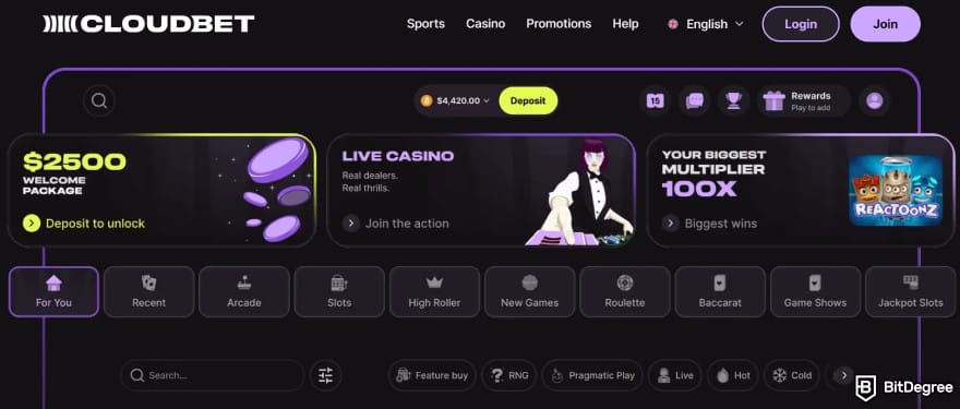 Rainbet review: Cloudbet main lobby.