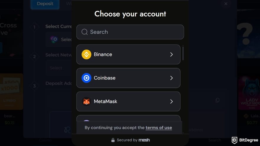 Rainbet review: deposit account selection window showing wallet options like Binance & Coinbase.