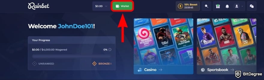 Rainbet review: select on the [Wallet] option at the top.