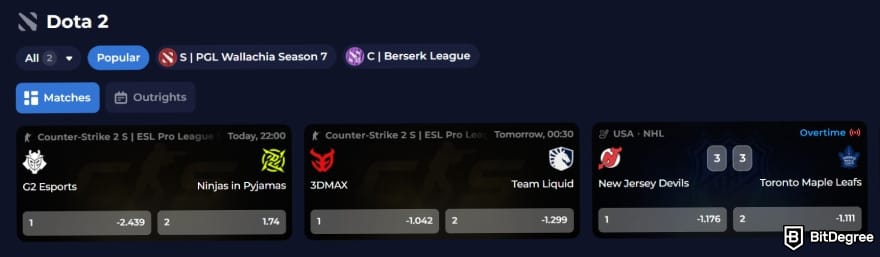 Rainbet review: esports betting interface displaying Dota 2 section.