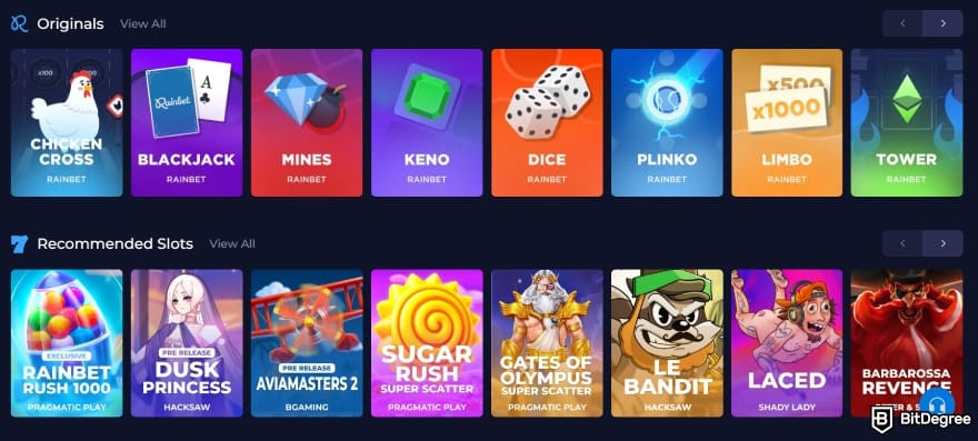 Rainbet review: game lobby showing Rainbet games.
