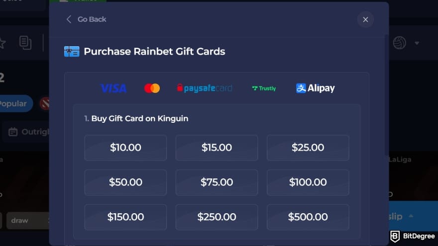 Rainbet review: gift card purchase screen showing payment options.