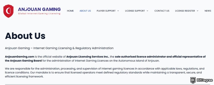 Rainbet review: Anjouan Gaming licensing authority webpage.