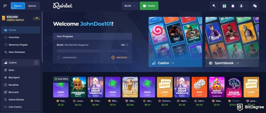 Rainbet review: the main lobby interface.