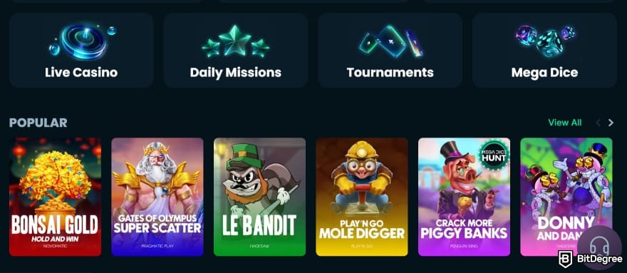 Rainbet review: Mega Dice homepage.
