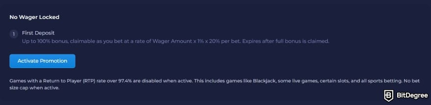 Rainbet review: no wager locked promotion screen.