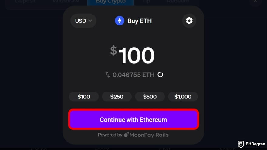 Rainbet review: enter the amount and continue.