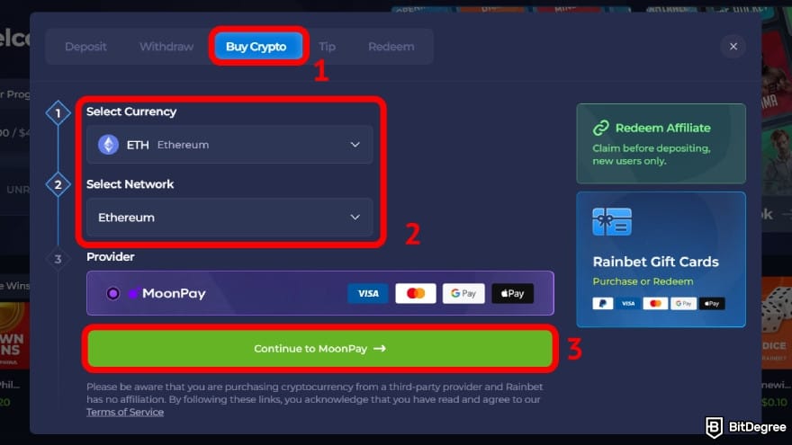 Rainbet review: select the currency and the network.
